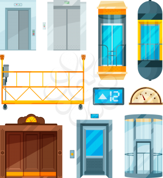 Set of different modern glass elevators. Vector pictures in cartoon style. Collection of lift and elevator door for hotel and modern office illustration