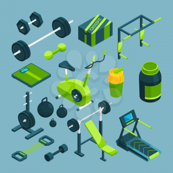 Different equipment for bodybuilding and powerlifting. Fitness accessories for powerlifting and bodybuilding, sport, barbell and dumbbell. Vector illustration