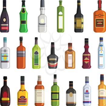 Liqueur, whiskey, vodka and other bottles of alcoholic drinks. Vector pictures in flat style. Alcohol bottle vodka and whiskey, liqueur and wine illustration
