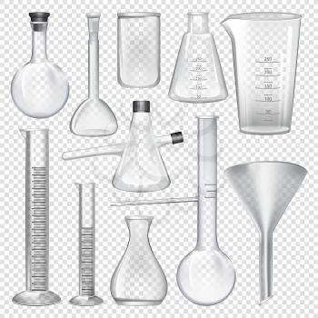 Laboratory glassware instruments. Equipment for chemical lab. Beaker and flask, chemical glass transparent for lab. Vector illustration