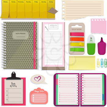 Different notebooks, notes, daily agendas and papers for organizer. Planner pad and organizer notebook. Vector page for note daily and schedule planner illustration