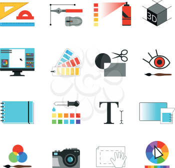 Graphic or web designers tools. Different working elements for graphical artists. Vector pictures set isolate. Digital tools and equipment, monitor computer illustration