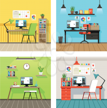 Creative work space for designers and artists with different tools. Vector banners set in cartoon style. Workplace creative designer, desk and workspace professional illustration