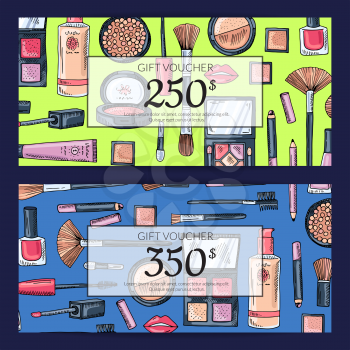 Vector gift card vouchers for beauty products with hand drawn makeup products isolated with transparent rectangles on dark background illustration