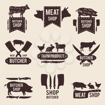 Design of monochrome labels set for butcher shop with illustrations of domestic animals and kitchen tools. Animal farm shop butcher, label vintage market
