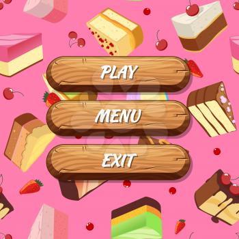 Vector cartoon style wooden buttons with text for game design on cake pieces background. Game interface ui button with cake pattern illustration