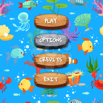 Vector cartoon style wooden enabled and disabled buttons with text for game design on sealife texture background. Illustration of wood gui play menu