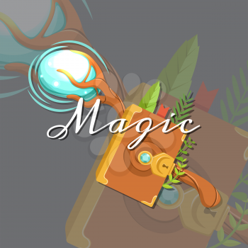 Vector fantasy cartoon style game design medieval crossed magic staff and spellbook elements with lettering and shadows. Staff rod and book with spell, magical and witchcraft illustration