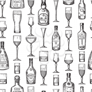 Seamless pattern with alcoholic drinking glasses. Vector illustration in hand drawn style. Alcoholic beverage sketch brandy and beer, whisky and tequila illustration