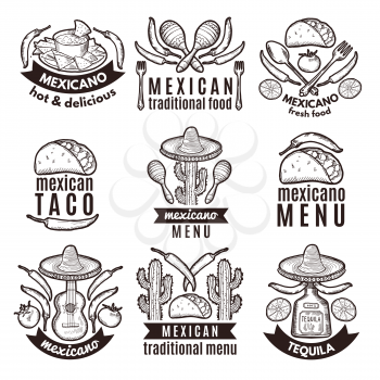 Label set with traditional mexican symbols. Food emblems for restaurant menu mexican food, traditional logo sombrero and cactus. Vector illustration