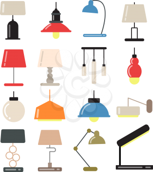 Chandeliers, modern lamps on desk and floor in light interior. Vector illustrations in flat style. Interior lamp chandelier and room lampshade