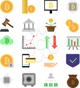 Pictures set of different symbols of finance and business. Digital money, coins and crypto currency icon set. Bitcoin mining and exchange. Vector illustration