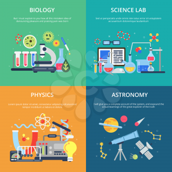 Concept pictures with science symbols. School laboratory for testing and analysis. Biology science and lab physics, astronomy and chemical experiment illustration