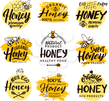 Vector hand drawn words and letters. Logo set for honey products. Honey sweet label, organic beekeeping farm logo illustration