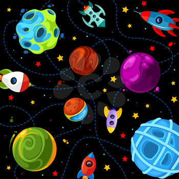 Color children pattern with cute planets, rockets and stars. Vector illustration