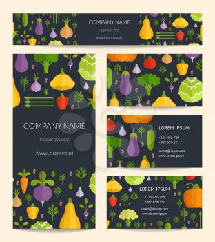 Vector identity business card, brochure and banner templates set with flat vegetables. Business organic healthy food brochure with color vegetable illustration