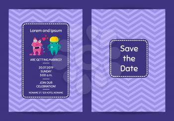 Vector wedding invitation template with cartoon monster couple on zigzag background. Wedding banner poster illustration