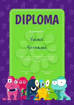Vector vertical children diploma or certificate with crowd of cute cartoon monsters on stars background, Poster template illustration