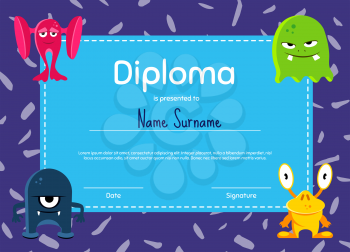 Vector horizontal children diploma or certificate with cute characters cartoon monsters in corners illustration