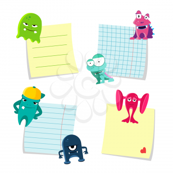 Vector small notes with shadows set kept by cute monsters isolated on white background. Illustration of monsters with notes paper