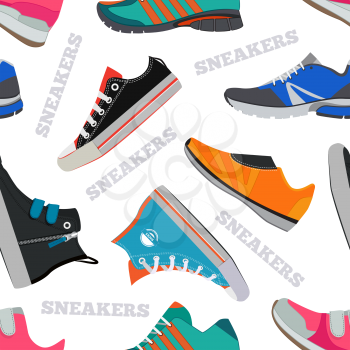 Seamless pattern with sneakers and walking shoes. Vector pictures in flat style. Color footwear shoes illustration background