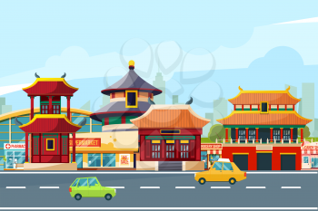 Chinese urban landscape with traditional buildings. Chinatown in cartoon style. Urban city chinese with building and car. Vector illustration