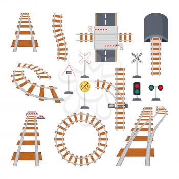 Different structural elements of railway. Vector collection in cartoon style. Road railway for train, railroad track illustration