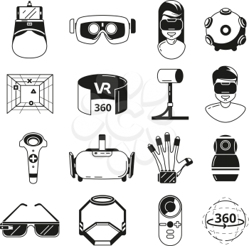 Symbols of virtual reality. Game panoramic in 3d rotation. Vr glasses and other tools. Vector monochrome illustrations. Virtual video simulation panoramic, panorama rotate gaming sphere