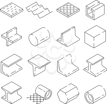 Isometric symbols of metallurgy. Pictures of iron and steel tools. Vector illustration in linear style. Metal tool and linear, pipe production, profile armature
