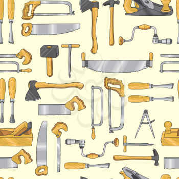 Seamless pattern set with carpentry tools. Hammer instrument, saw and axe for wood work. Vector illustration