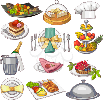 Colored illustration of restaurant food set for design menu template. Color dish food dinner, tasty lunch cake and meat, fruit and fish vector