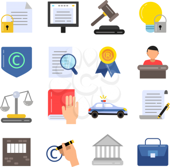 Copyright legal regulations. Business icons of law and protection. Vector pictures in flat style. Protection and regulation copyright business illustration