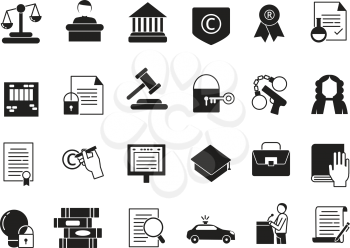 Business icons set in monochrome style. Law and protection. Legal regulations and protection, legal justice and document, vector illustration