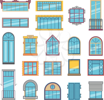 Balcony and wooden or plastic windows with glass. Architectural illustrations set in flat style. Vector collection of windows architecture exterior