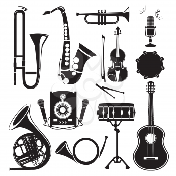 Different monochrome pictures of musical instruments isolated on white. Vector pictures set of musical instrument drum and trumpet, saxophone and violin illustration