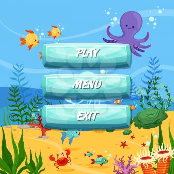 Vector cartoon style buttons with text for game design on sealife background illustration