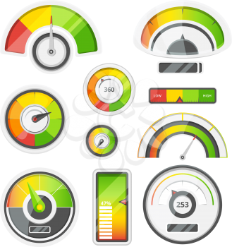 Icon set of level meters, tachometer and battery level. Vector pictures set. Illustration of measurement level and power indicator