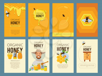 Vector cards with illustrations of apiary. Pictures of honey, beehive and waxing. Beekeeping and sweet golden honey