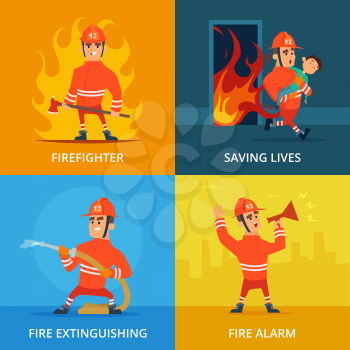 Conceptual pictures of firefighter and work equipment. Firefighter and protection firefighting, vector illustration