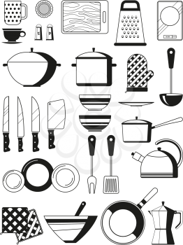 Monochrome illustrations of kitchen tools. Vector silhoette of restaurant utensil. Kitchen tool and kitchenware for cooking, spatula and cutlery