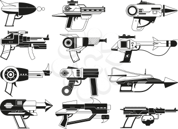 Monochrome illustrations of futuristic weapons for astronauts. Vector military gun weapon, future pistol and handgun