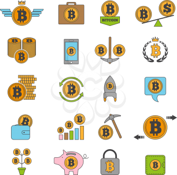 Icon set of crypto business. Bitcoin and others alt coins from blockchain technology. Finance business mining commerce, crypto bitcoin exchange. Vector illustration