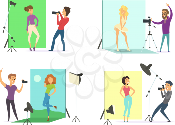Models male and female posing for photos. Photographers at works in the photo studio. Camera professional equipment for photo, model fashion, vector illustration