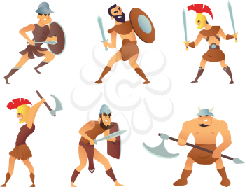 Rome knights or gladiators in different action poses. Gladiator and knight warrior, soldier in helmet with shield, vector illustration