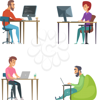 Professional programmers at work. Illustrations of funny characters. Programmer with computer on workplace, occupation and process programming vector