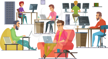 Coworkers at work. Male and female programmers and designers. Team coworking man and woman in office, programmer community coworker. Vector illustration