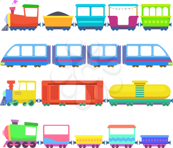 Set of different kids trains. Vector games for childrens. Toy train transportation, illustration of railroad wagon