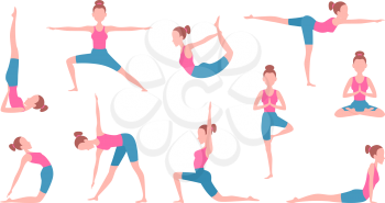 Health concept pictures of female making yoga. Fitness exercises. Body position yoga, asana and stretching relax. Vector illustration