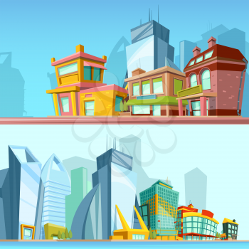 Horizontal banners with urban streets and modern buildings. Illustrations in cartoon style. Town with colored building, landscape urban architecture vector