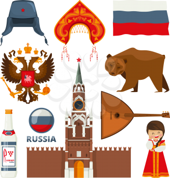 Set of different traditional national symbols of russia moscow. Vector russian culture and architecture, bear and balalaika illustration